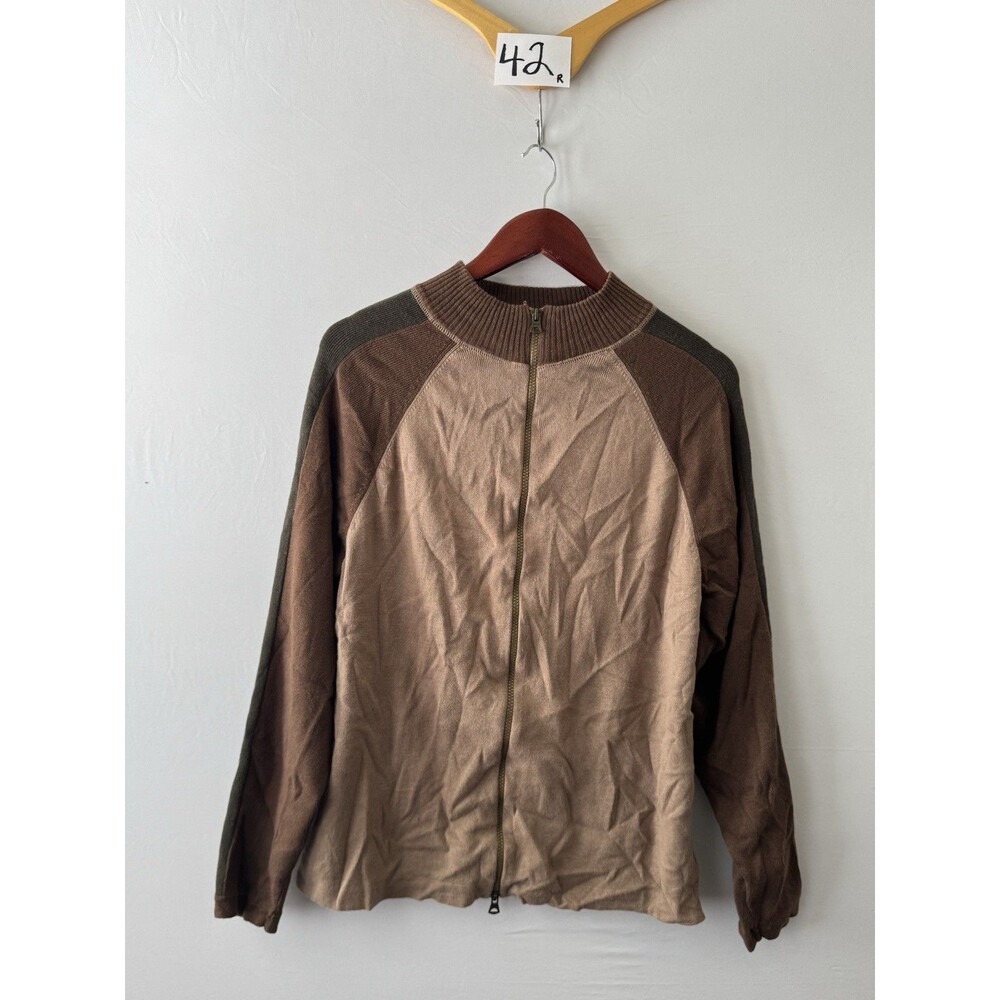 Arizona Jean Company Sweater Mens XL Full Zip Cotton Knit Mock Neck Brown Beige
